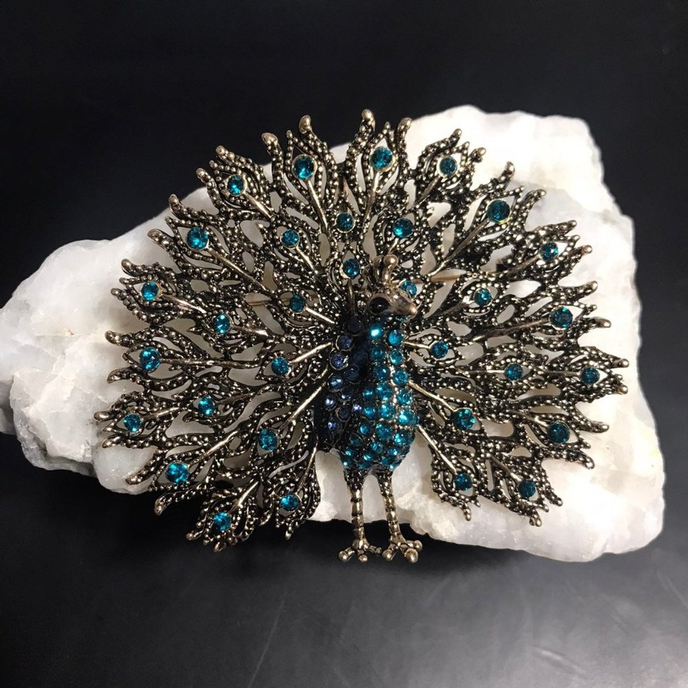 Antique Gold-Tone Peacock Brooch with Turquoise Crystals
